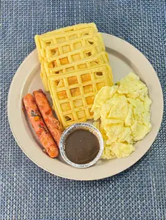 Waffles with Eggs, Sausage and Brown Butter Sauce
